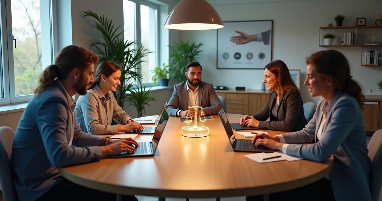 Mesa redonda dividida entre escritório físico e ambiente virtual com equipe colaborando de forma ética 