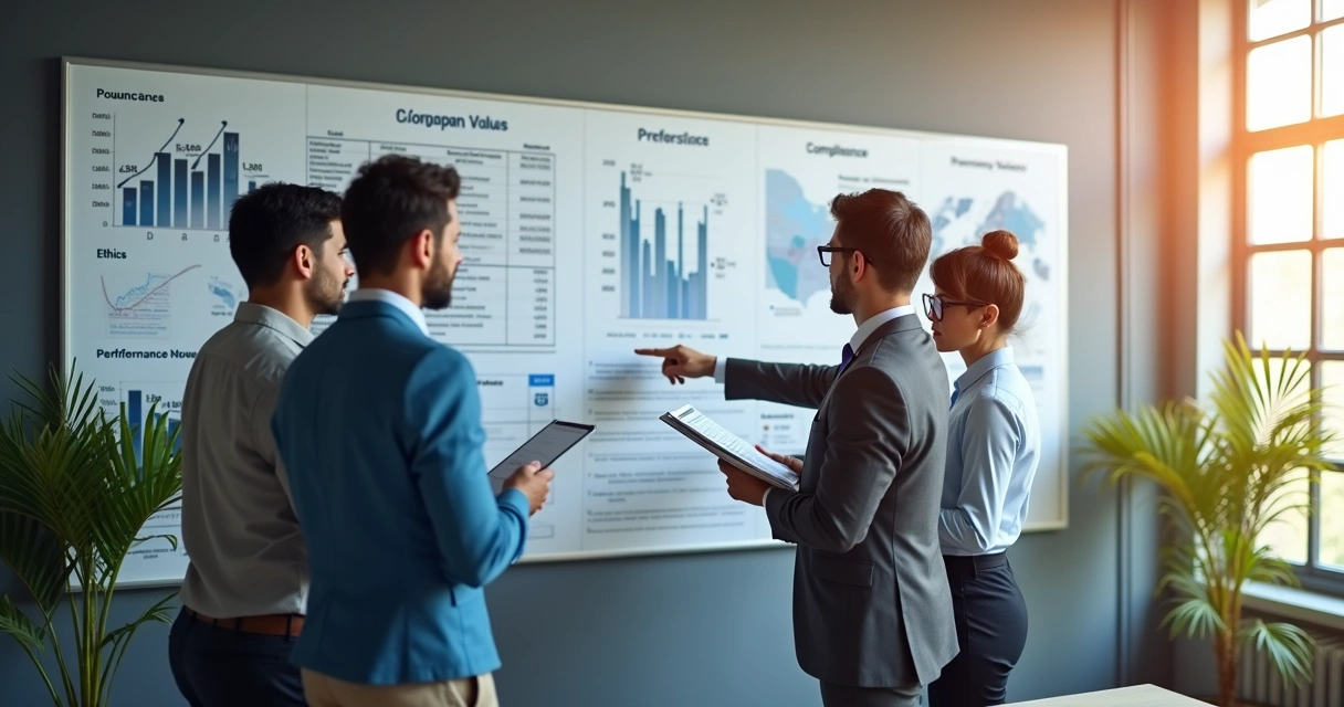 Profesionales colaborando frente a panel de métricas y valores corporativos 