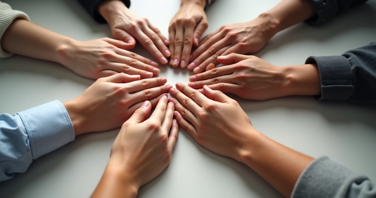 Manos entrelazadas de diferentes personas en un círculo, simbolizando confianza y ética
