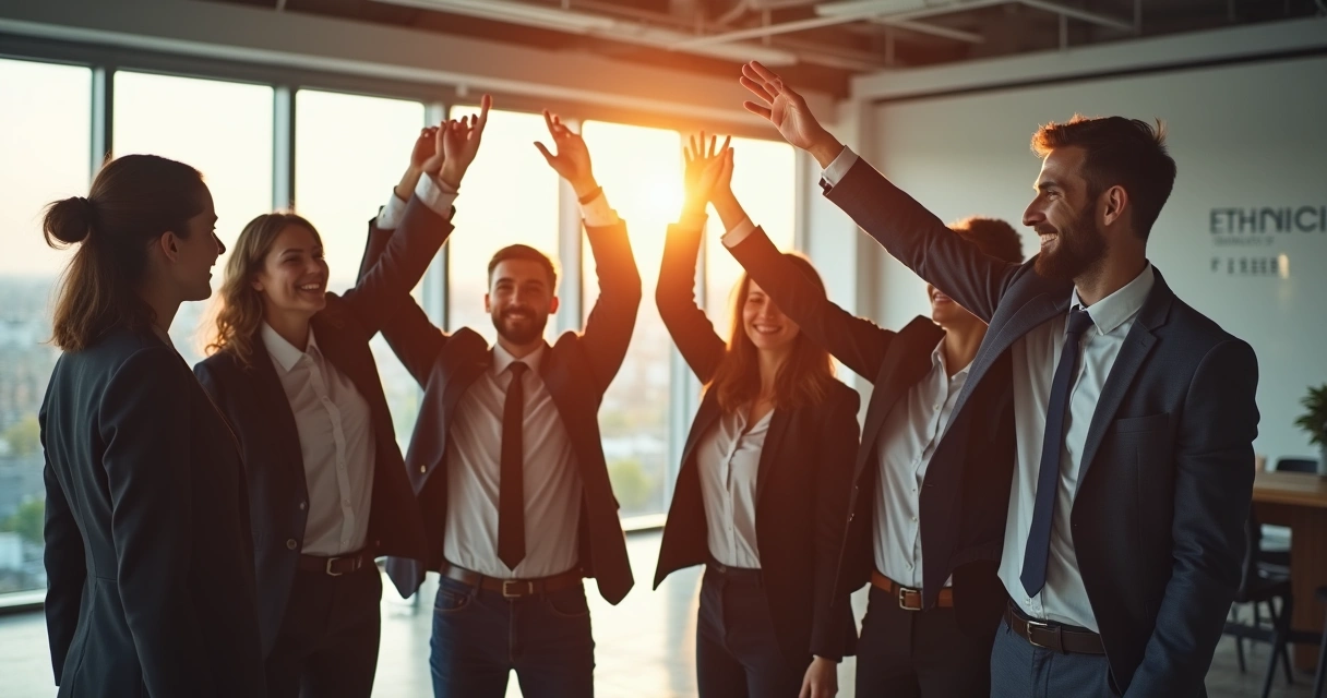 Equipe celebrando juntos em ambiente profissional, simbolizando cultura ética
