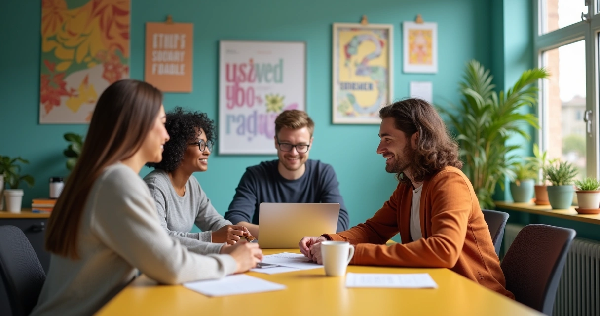 Colaboradores interagindo em ambiente organizacional diverso e harmonioso 