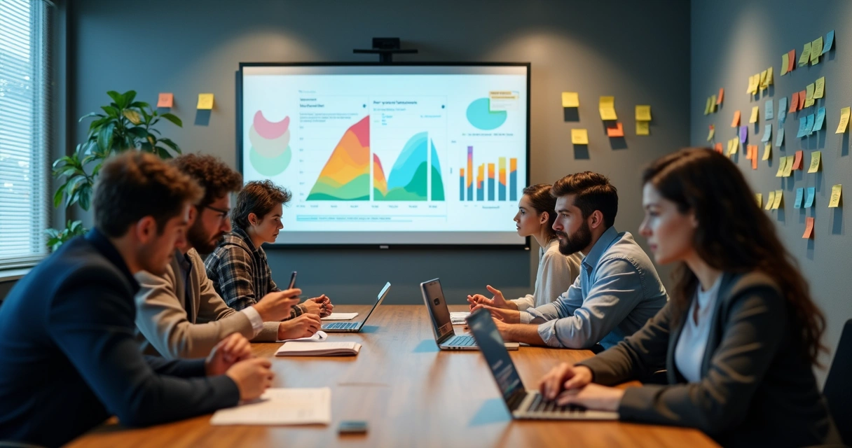 Equipe reunida em sala de reunião colaborando em experimentos digitais 
