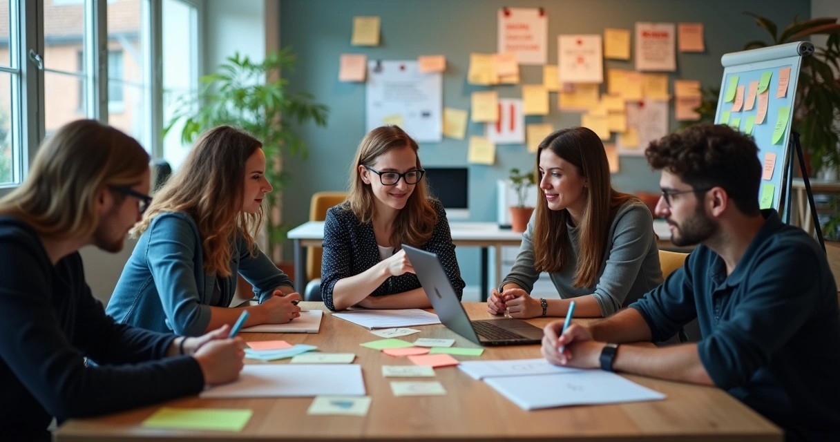 Equipe de agência digital reunida em ambiente colaborativo para troca de feedback