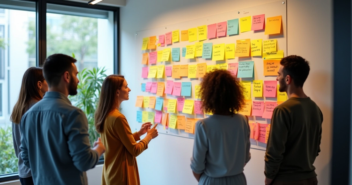 Mural com post-its de feedbacks e equipe debatendo 