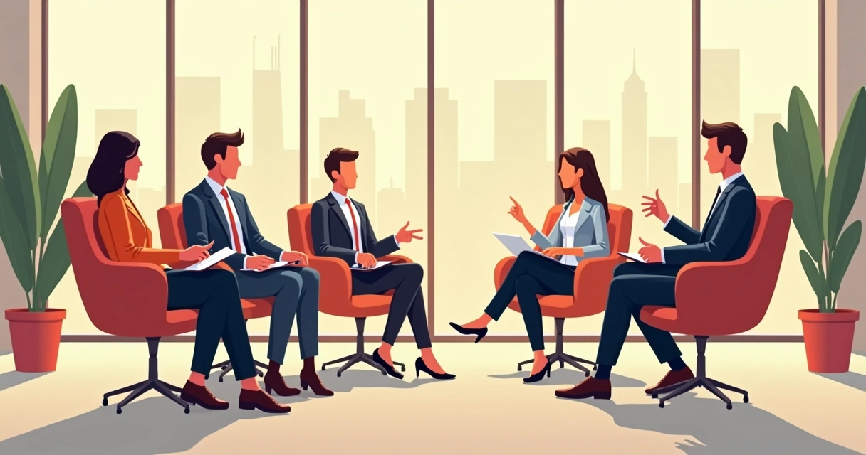 Pessoas em roda trocando ideias em ambiente corporativo moderno