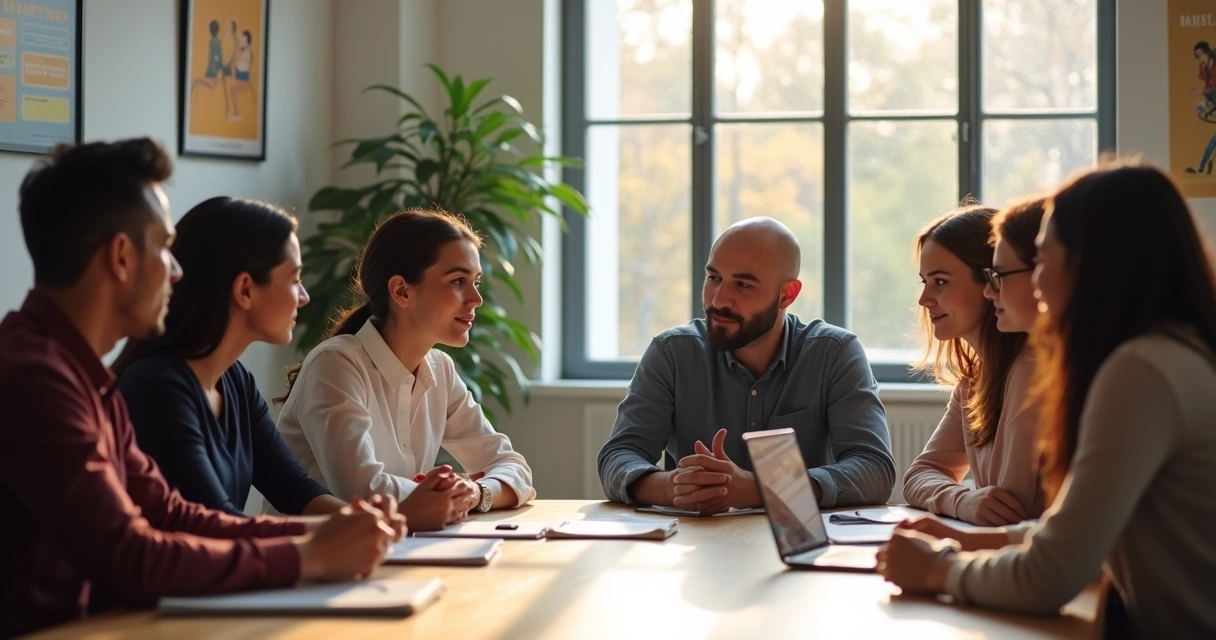Equipe em roda praticando conversa aberta e trocas construtivas 