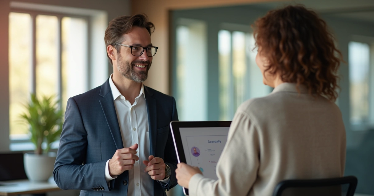 Gestor dando feedback informal a colaborador em escritório