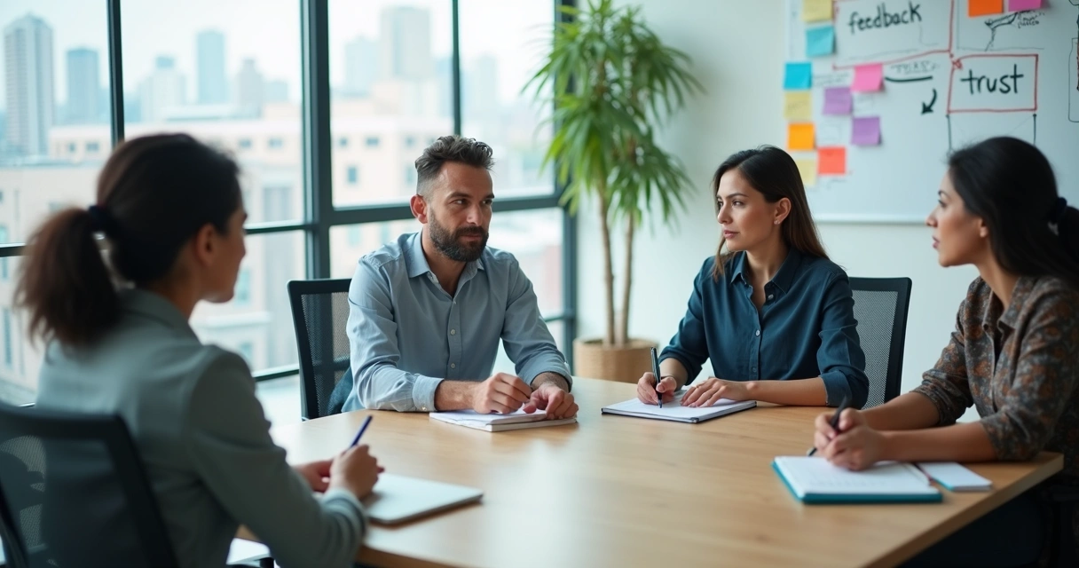 Equipe em reunião de feedback colaborativo em ambiente corporativo moderno 