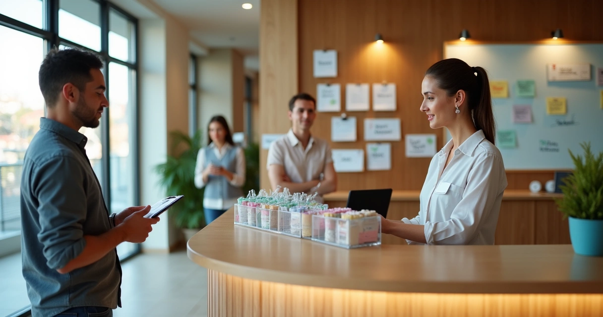 Equipe de hotel recebendo feedback escrito de hóspede no check-out 