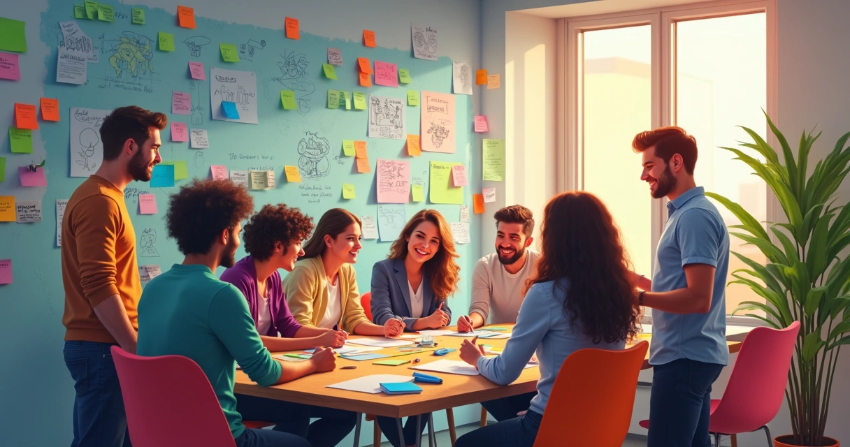 Equipes diversas trocando ideias em ambiente cooperativo. 