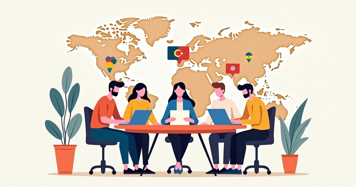 Equipe internacional debatendo estratégias em diferentes idiomas, rodeados por bandeiras de países 
