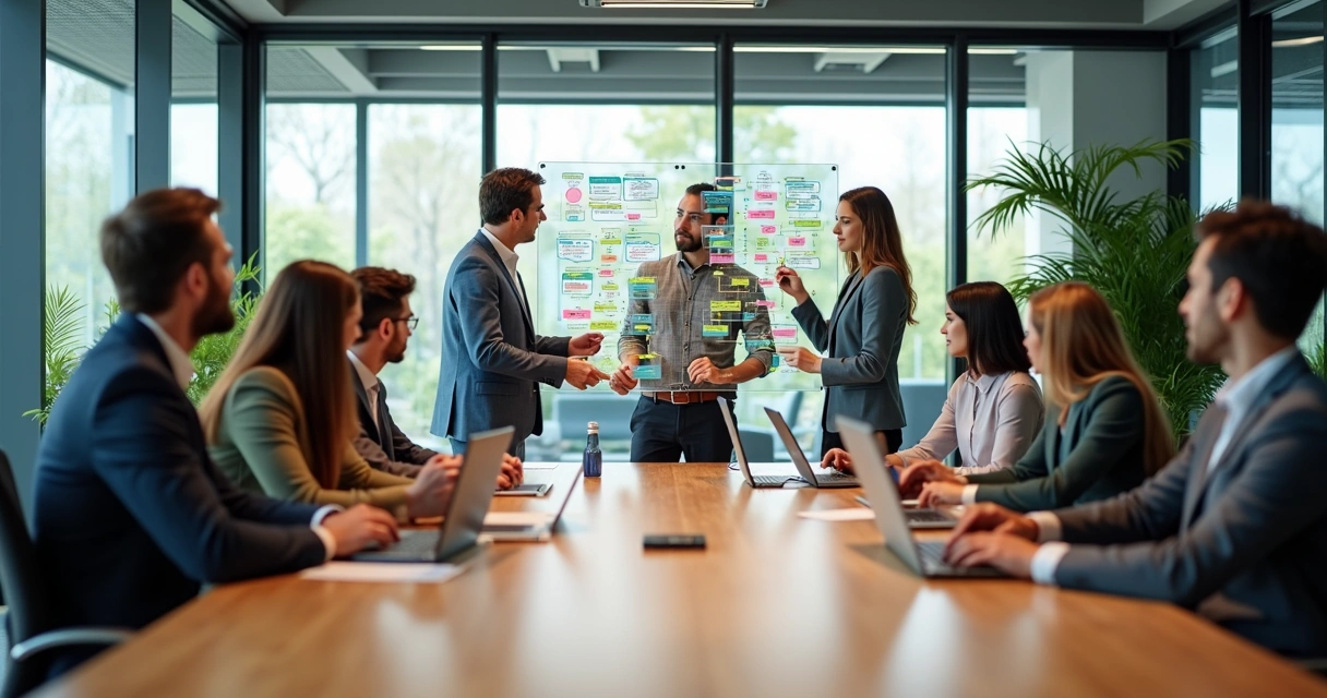 Equipe colaborativa em ambiente moderno discutindo ideias inovadoras para um projeto sustentável 