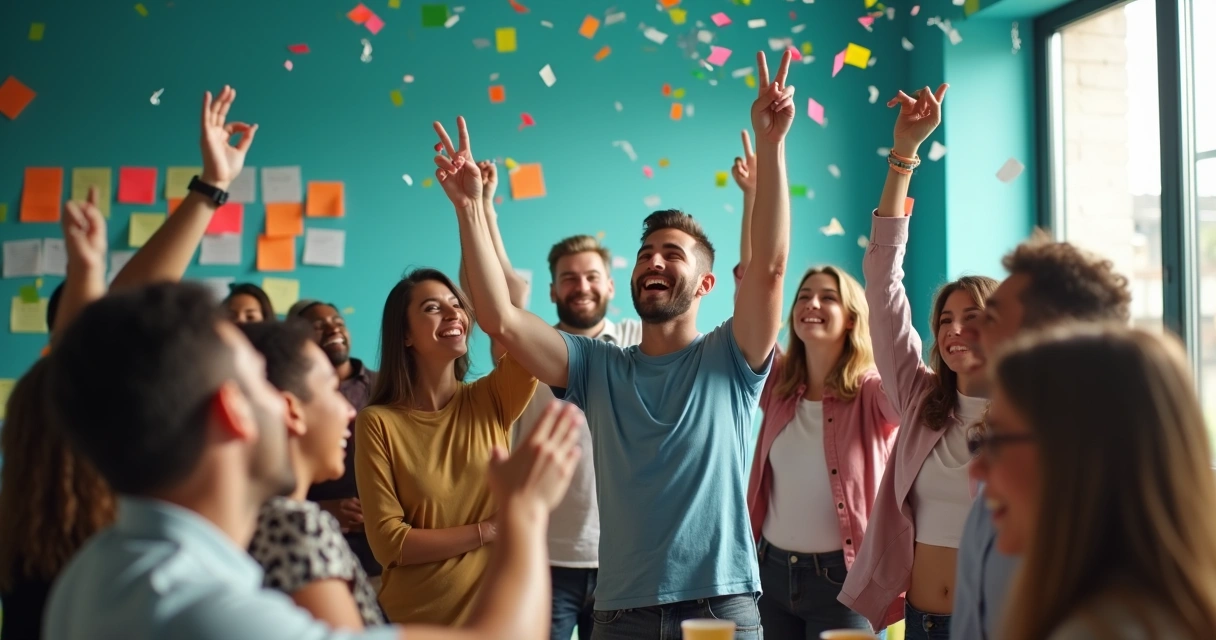 Equipe reunida e comemorando em startup brasileira