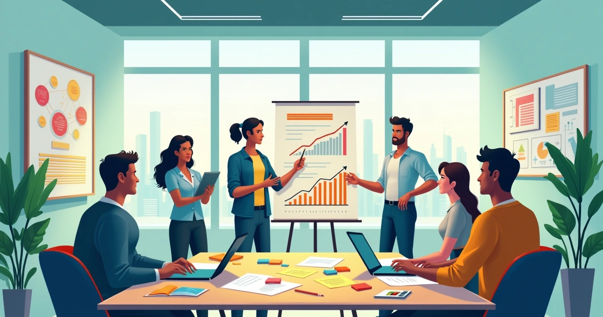 Ambiente de escritório moderno com equipe diversificada discutindo ideias inovadoras sobre crescimento financeiro.