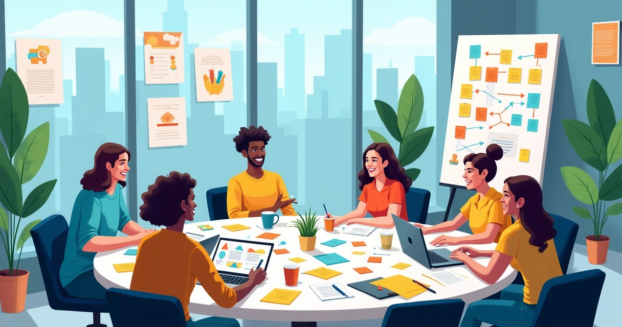 Grupo diverso de funcionários colaborando em uma sala moderna, cercado por materiais criativos e ideias em um quadro.