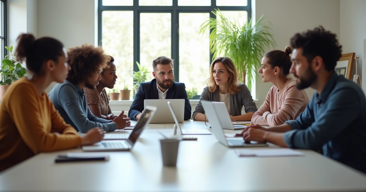 Equipe heterogênea de colaboradores em reunião, uns abertos e outros cruzando os braços 