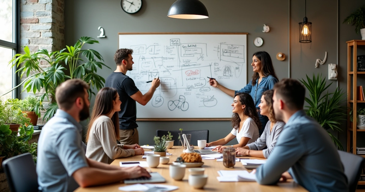 Reunião de equipe diversa trocando ideias criativas em ambiente descontraído 