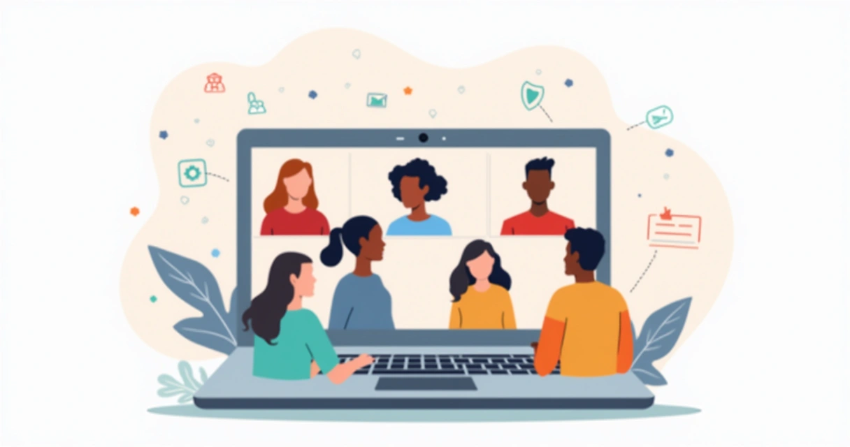 Pessoas de diferentes culturas reunidas virtualmente na tela de um notebook 