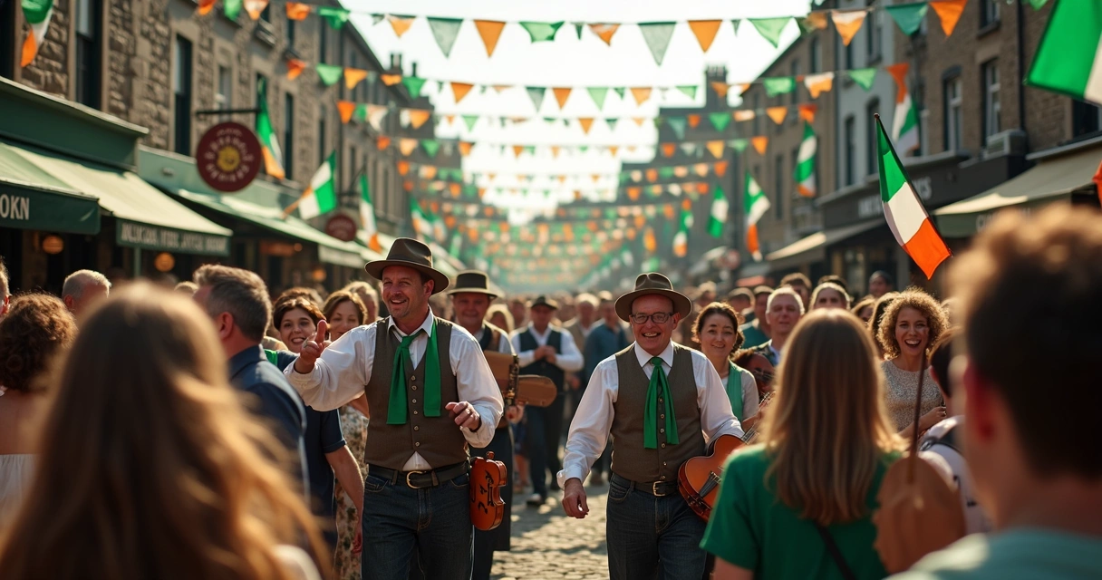 Pessoas celebrando festival tradicional irlandês com música e danças em rua decorada 