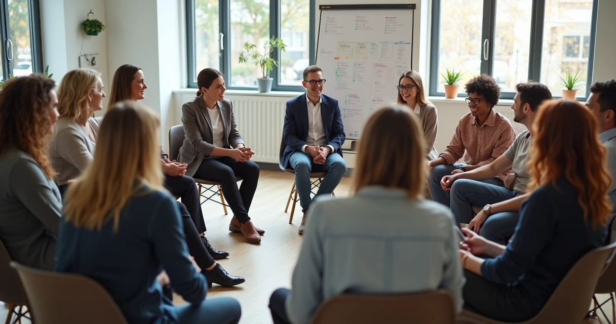 Reunión de equipo promoviendo cultura laboral armónica 