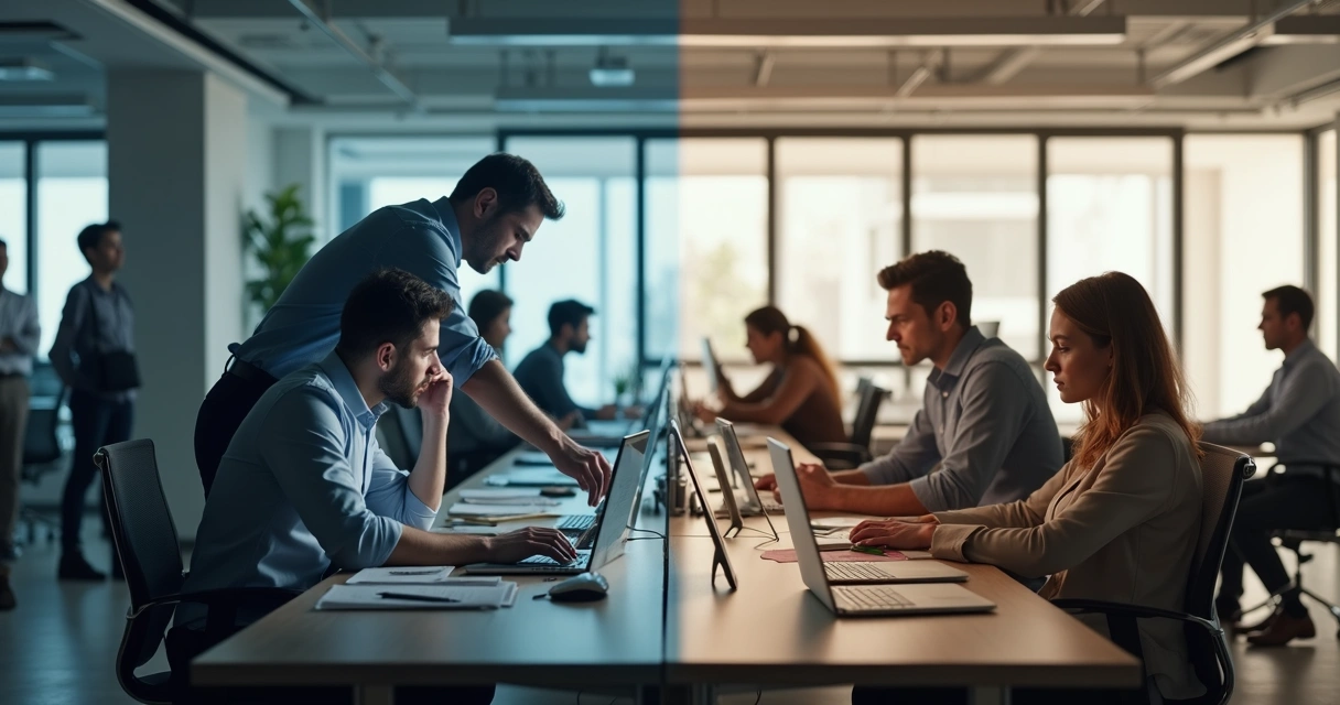 Equipo de oficina serio dividido entre clima laboral tenso y ambiente saludable 