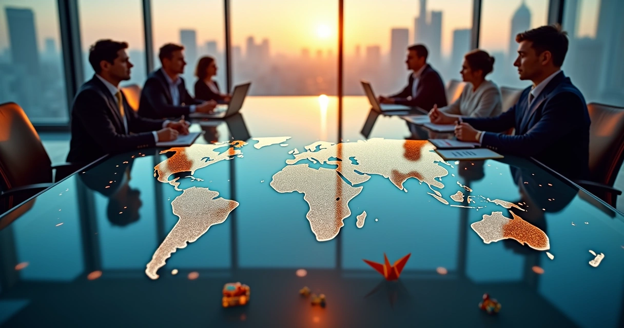 Executivos em reunião global em mesa de vidro com mapa mundi e elementos culturais locais 