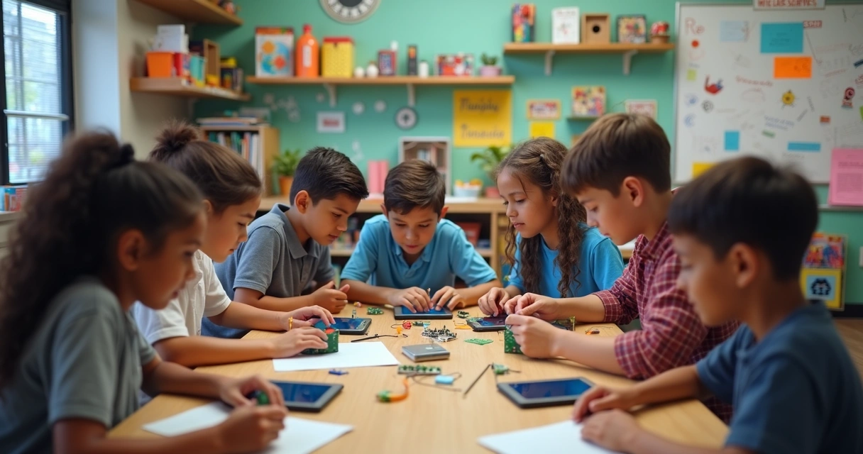 Alunos em atividade maker com protótipos e tablets 