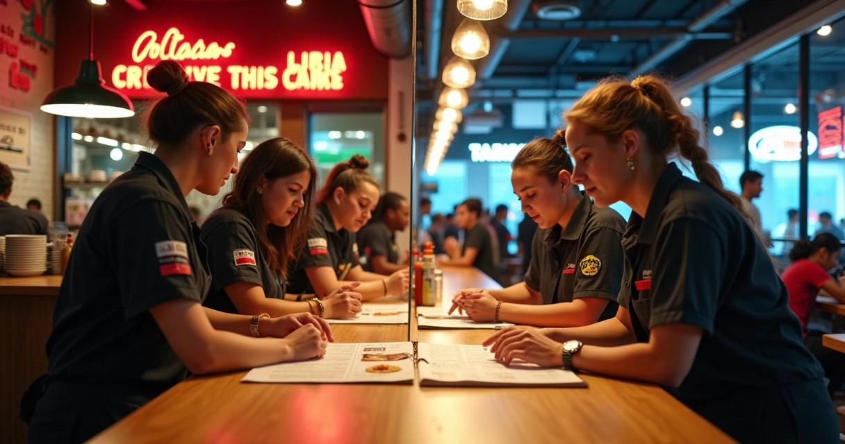 Equipe de restaurante em duas unidades semelhantes levantando o mesmo cardápio 