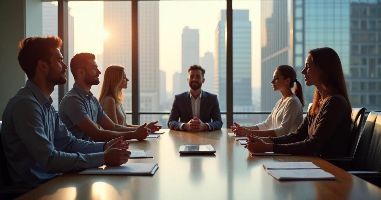 Equipo de trabajo realizando meditación grupal en sala de reuniones 