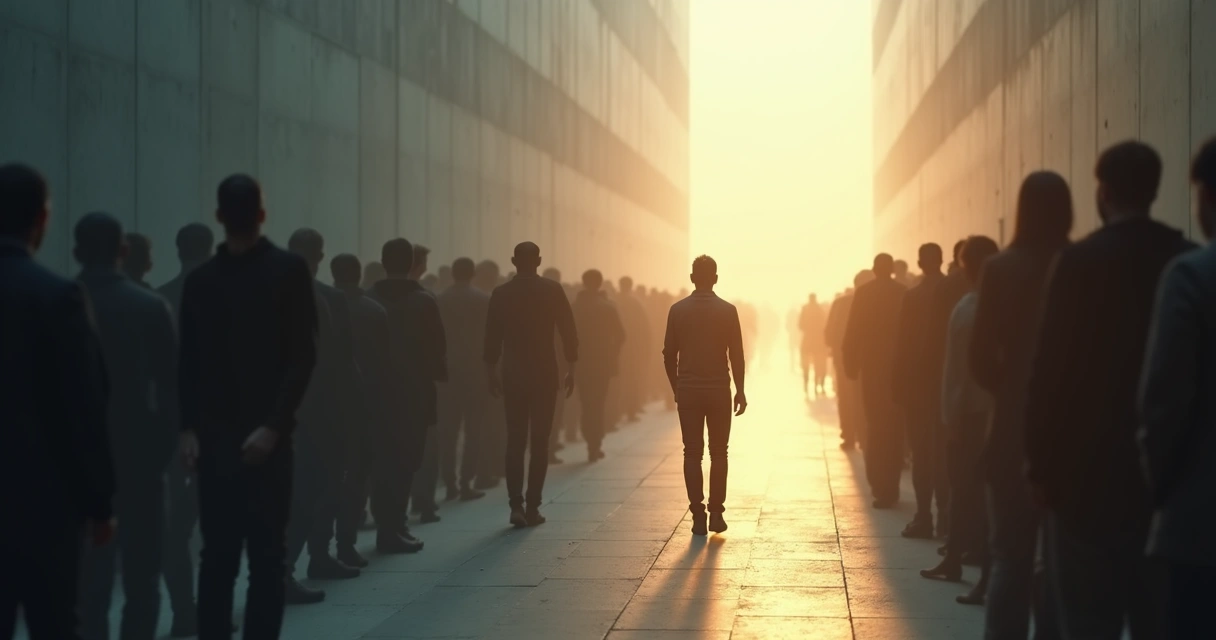 Pessoa caminhando em direção à luz saindo de uma multidão sombreada e ameaçadora 
