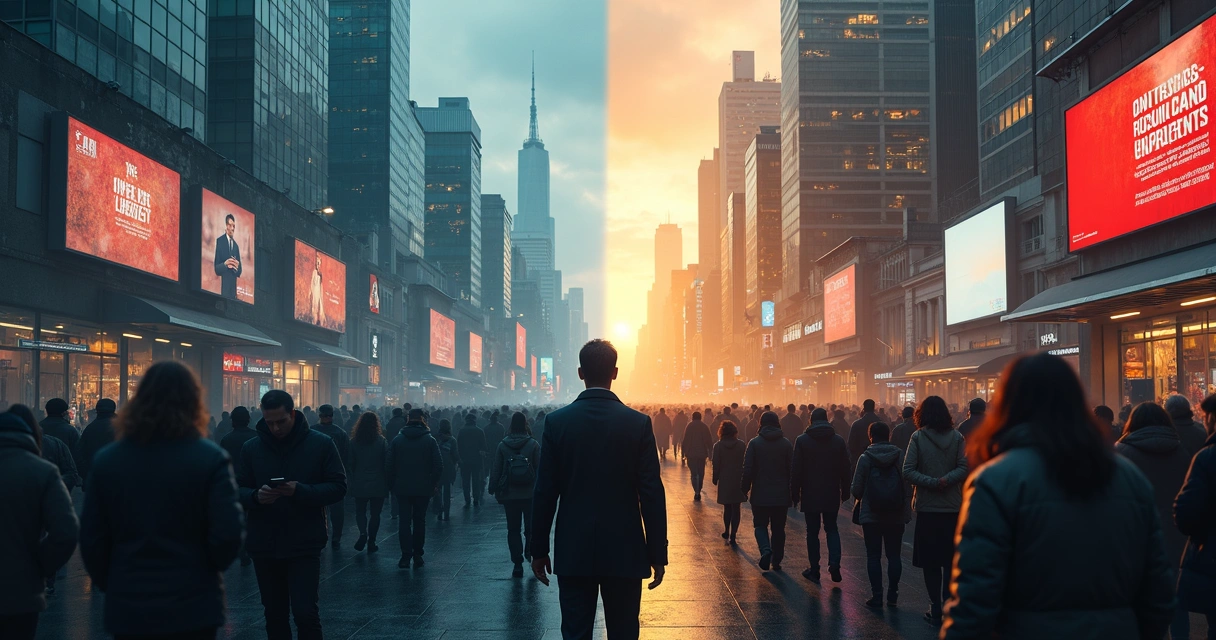 Multidão em uma cidade dividida entre medo e cooperação 