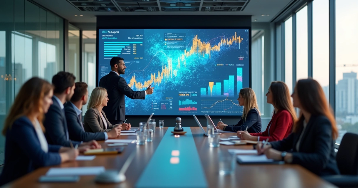 Apresentação de métricas financeiras em reunião empresarial 