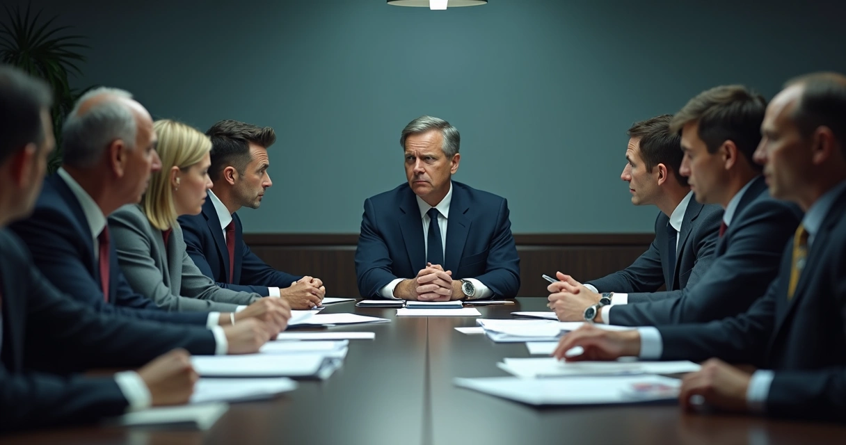 Directivos discutiendo con empleados cabizbajos en sala de reuniones 