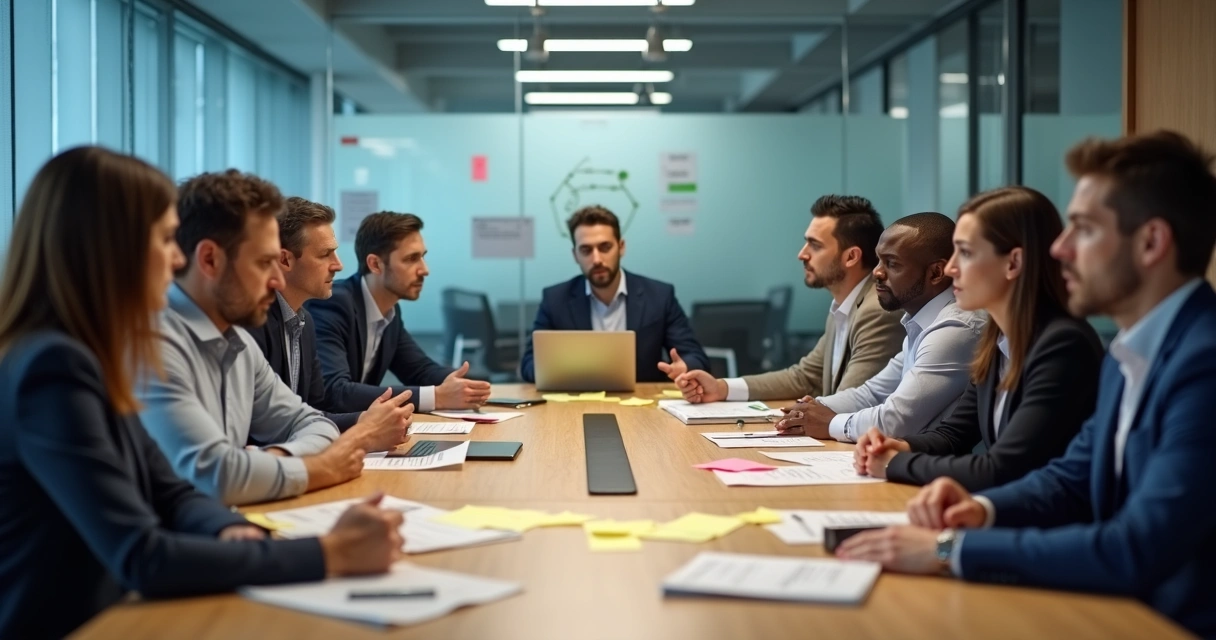 Equipe de escritório sentada em mesa de reunião com clima de tensão e desconexão 
