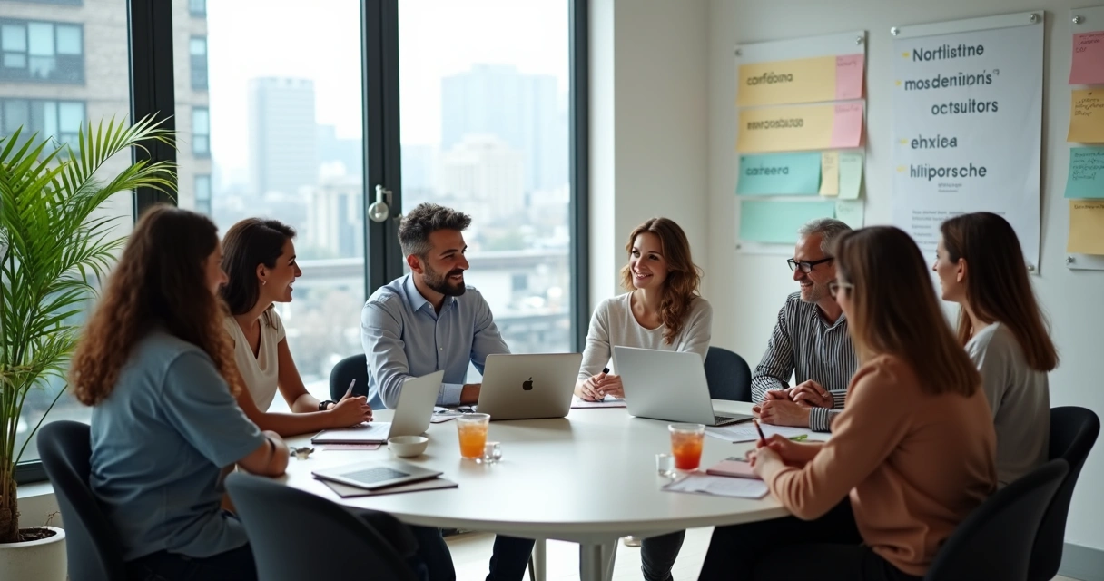 Equipe diversa em reunião em escritório moderno com transparência e confiança 