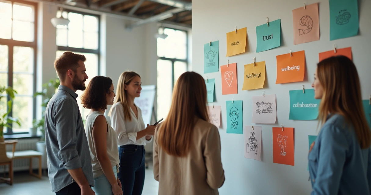 Equipo de oficina observando mural de valores y bienestar emocional 