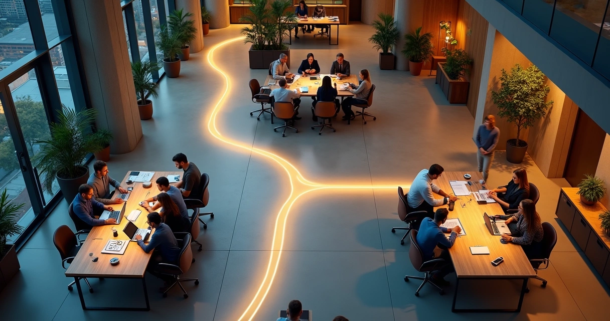 Equipe em escritório vista do alto com linha de luz formando bússola ética no chão 