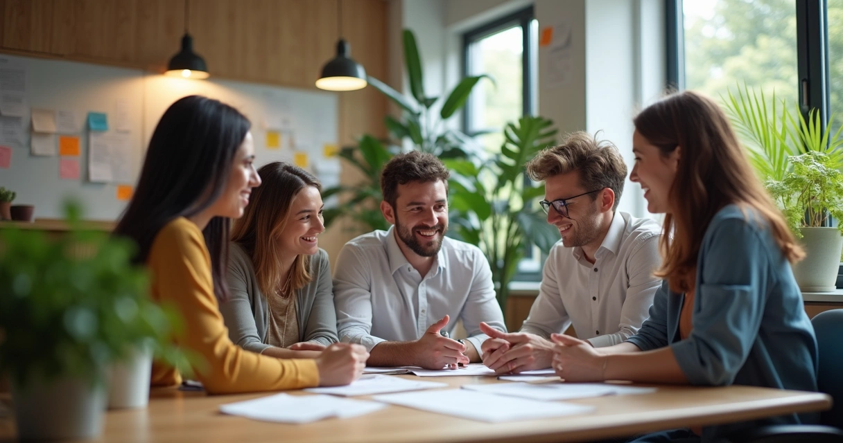 Ambiente de trabalho colaborativo com líderes e equipe integrados 