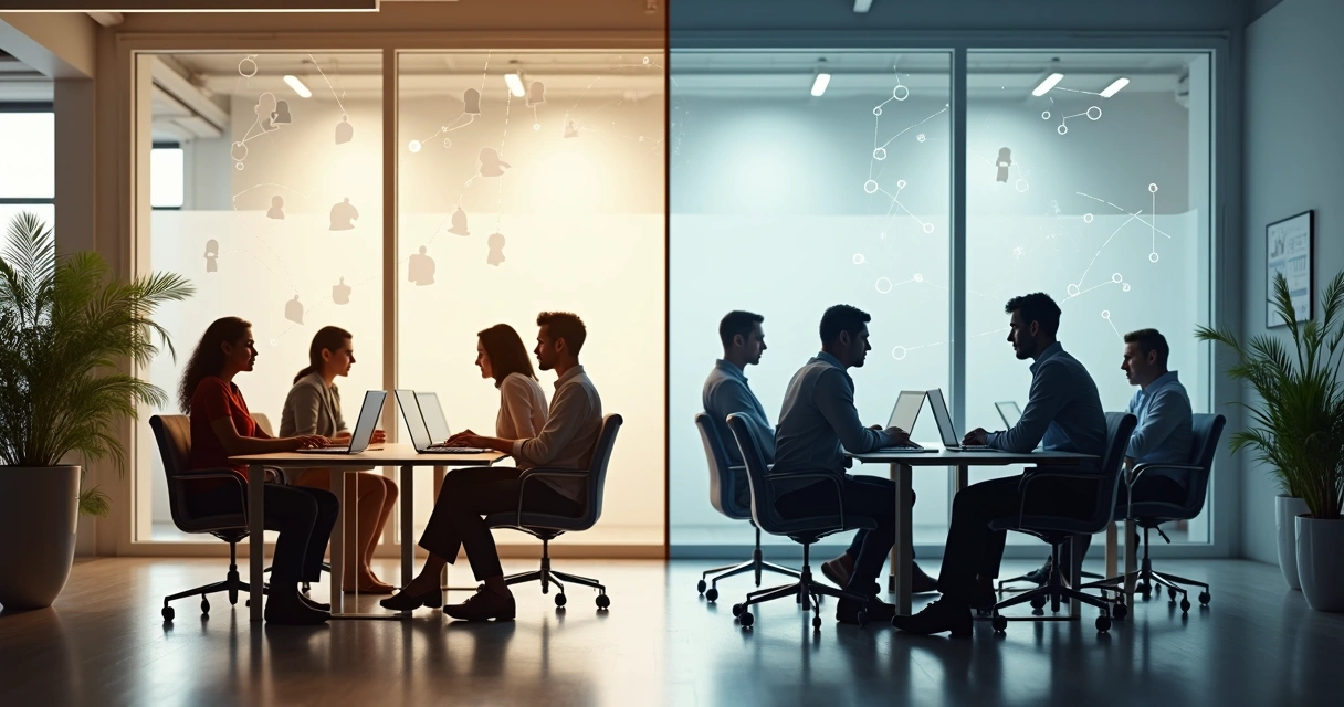 Equipo en una oficina dividida entre colaboración consciente y tensión silenciosa 
