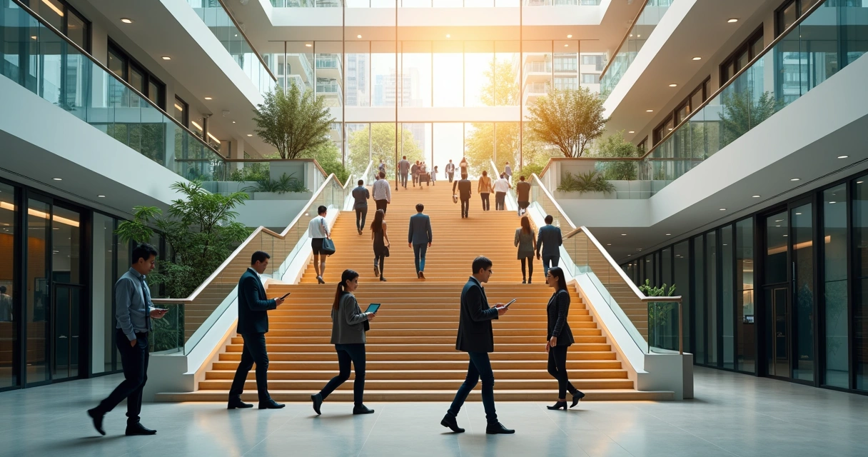 Grupo de personas subiendo una escalera luminosa en un edificio de oficinas 