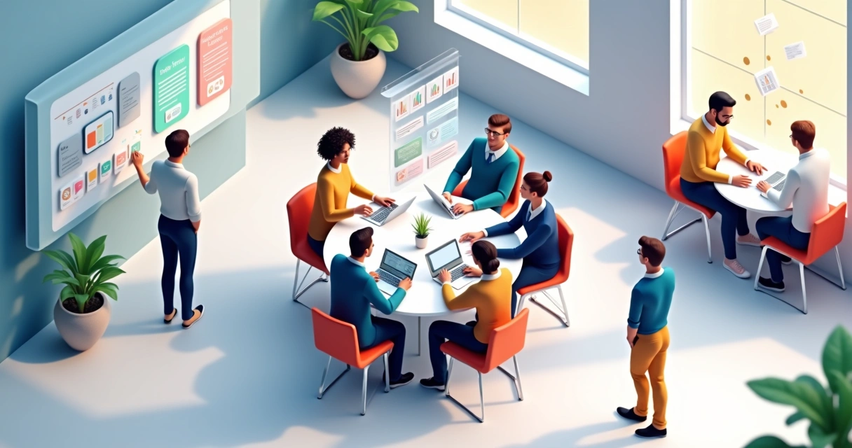 Equipe em escritório moderno mostrando cultura organizacional no dia a dia 