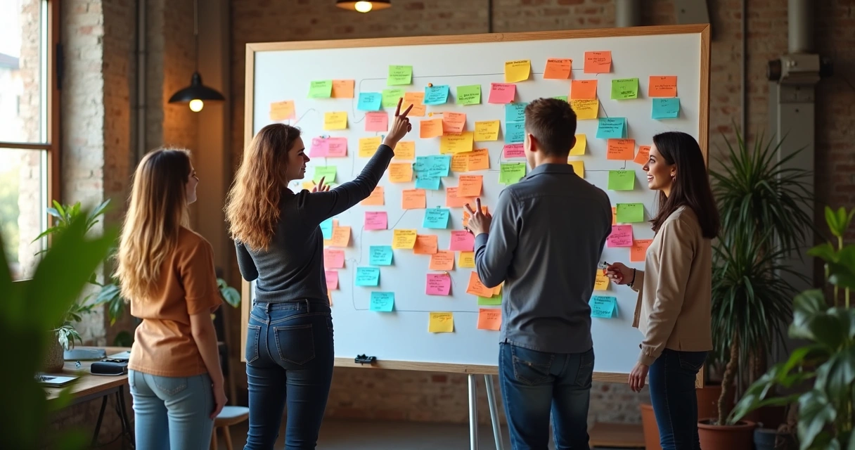 Colaboradores trocando ideias em mural colaborativo, post-its coloridos em parede ao fundo