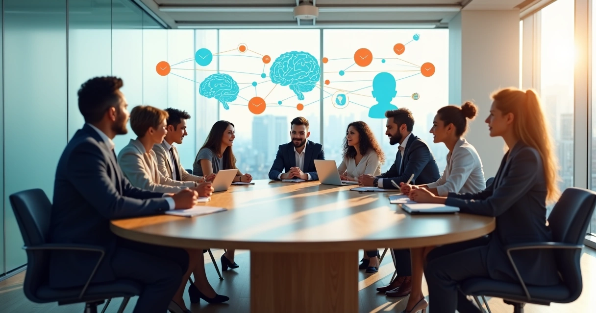 Equipe diversa em reunião simbolizando cultura organizacional e emoções coletivas 