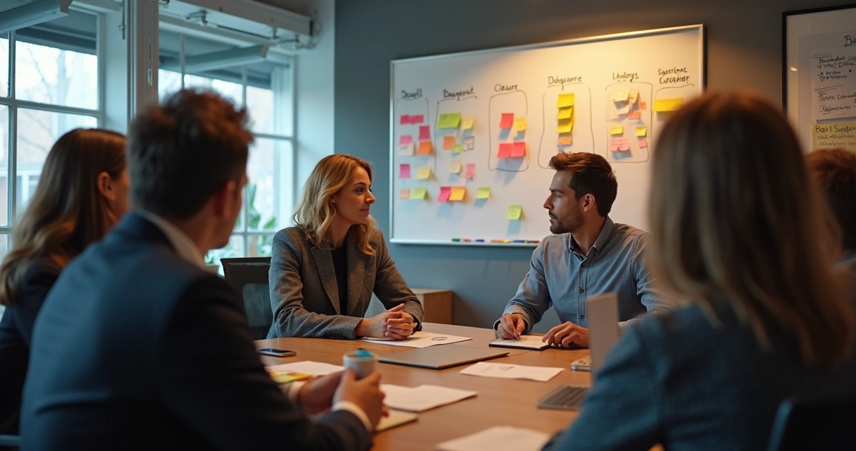 Equipe reunida discutindo cultura organizacional com gestor 