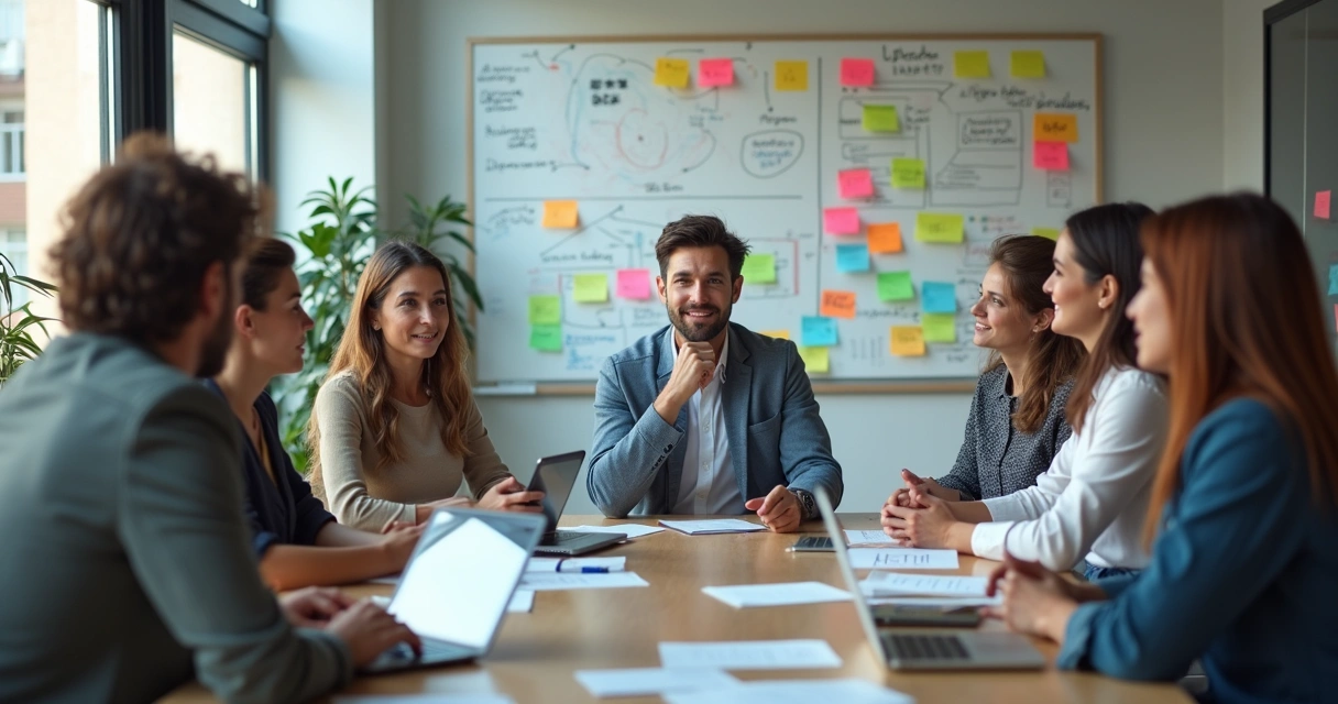 Equipe discutindo cultura organizacional em reunião 