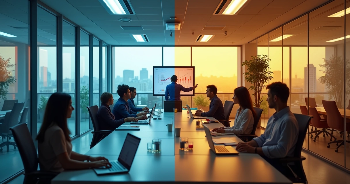 Equipe de escritório dividida entre ambiente tenso e ambiente colaborativo 