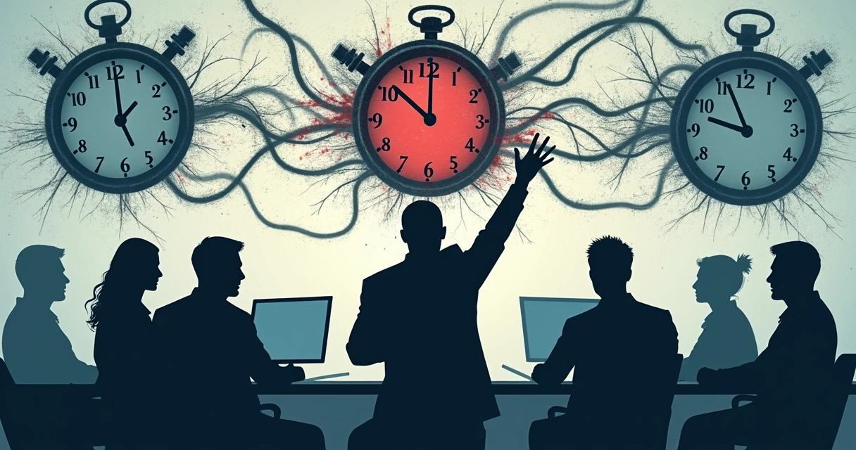 Concepto visual de estrés en cultura organizacional con figuras abstractas y relojes 