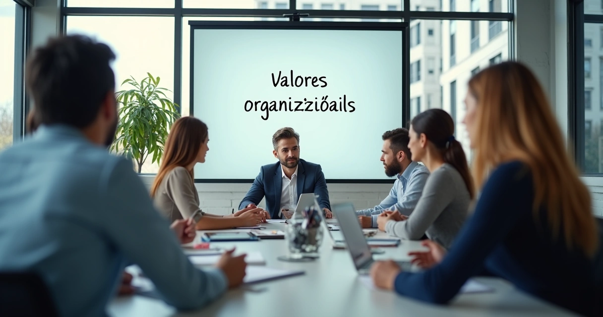 Reunião de equipe em empresa moderna, foco em líder e quadro com valores organizacionais. 