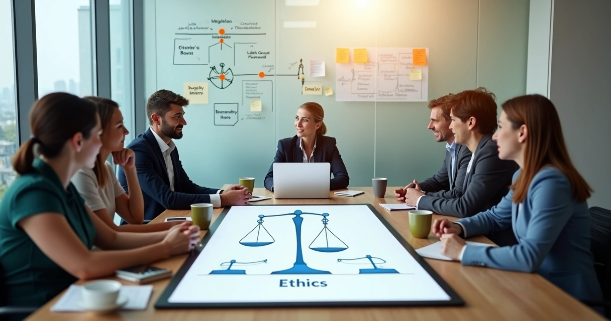 Equipe em reunião refletindo sobre dilemas éticos no trabalho 