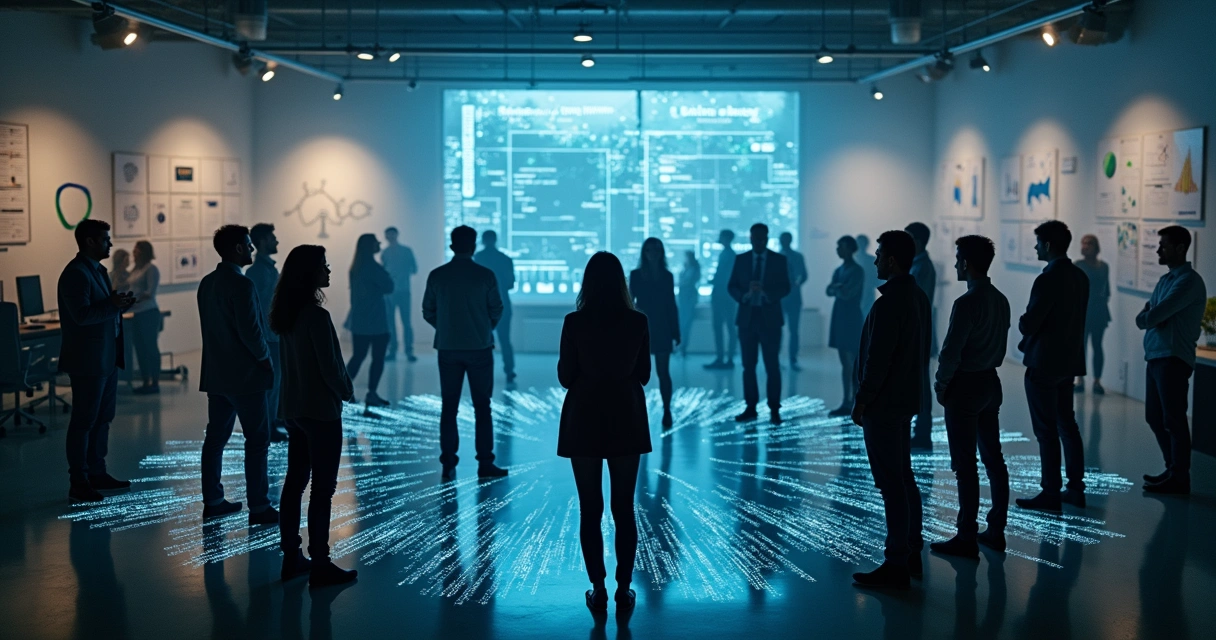 Colaboradores em círculo debatendo mudança cultural, conectados por linhas desenhadas entre eles 